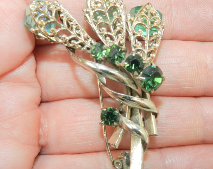 Green Aurora Borealis Rhinestone Brooch Pin, Vintage Filigree Victorian Revival Brooch, Vintage Jewelry Jewellery, Mid Century 1960s, Gift