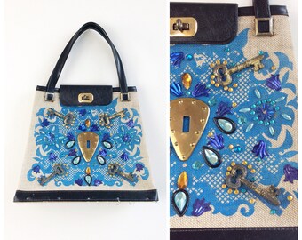 60s Blue Enid Collins Jeweled & Skeleton Key Purse / 1960s Vintage Handbag Bag