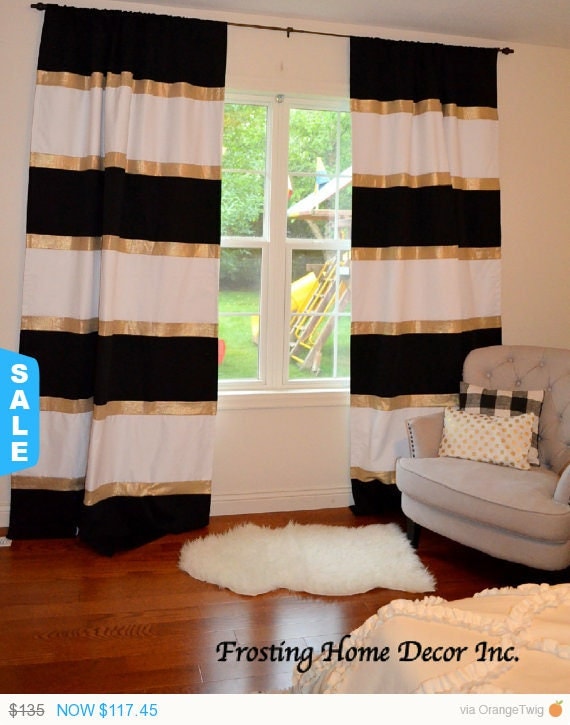 Custom Black White and Gold Striped Curtains Color Blocked