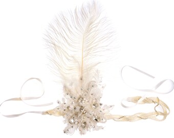 1920s Headpiece, Great Gatsby Headpiece, Flapper Headpiece, Gatsby Headband, Wedding Headband, Rhinestone Headband Headpiece with Feathers