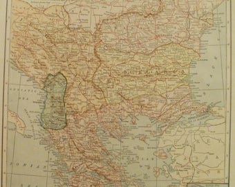Balkan Map,Balkan States Map,Turkey Roumania Rumania Romania Bulgaria Serbia Montenegro Albania Greece,Place on the World Map,1925 8x10 VS19