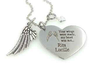 Remembrance Necklace - Engraved Heart in Heaven Necklace - Angel Wings - Memorial Jewelry