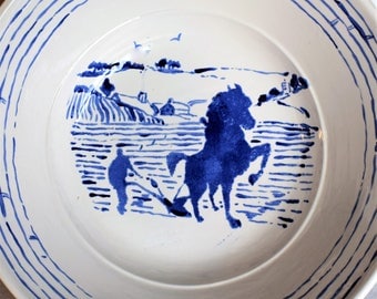 Horse and Plough Handpainted Ceramic Fruit Bowl/ wedding bowl / Decorative bowl