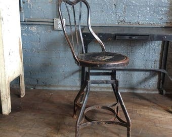 Early Toledo Steel adjustable machinist stool/chair for drafting tables bars or desk industrial design w/ back
