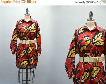 SALE Graphic 80s Tunic - Vintage Eighties Bold Leaf Print Long Top or Tunic Red Yeloow Black Cotton Botanical Print Short Front Long Back Si