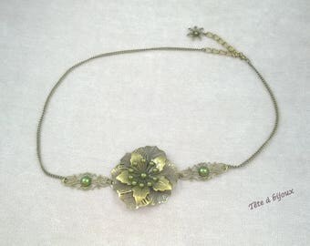 Olive green vintage flower with Pearl semi-perles head jewel headband