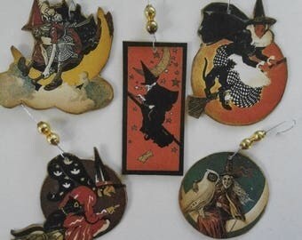 Vintage Witch Halloween Ornaments, Witch Ornaments, Vintage Witches, Mercury Glass Bead ornaments, Halloween Tags, Decorations, SET H2