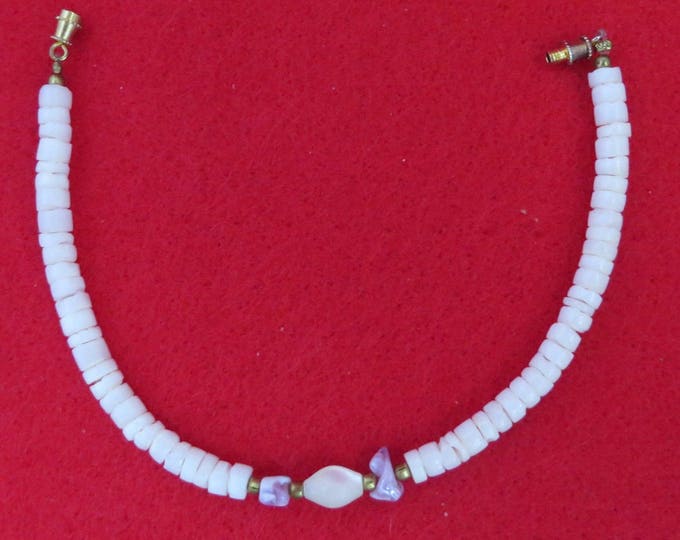 Puka Shell Bracelet, Vintage Beaded Bracelet, Island Jewelry, White and Lavender Bracelet