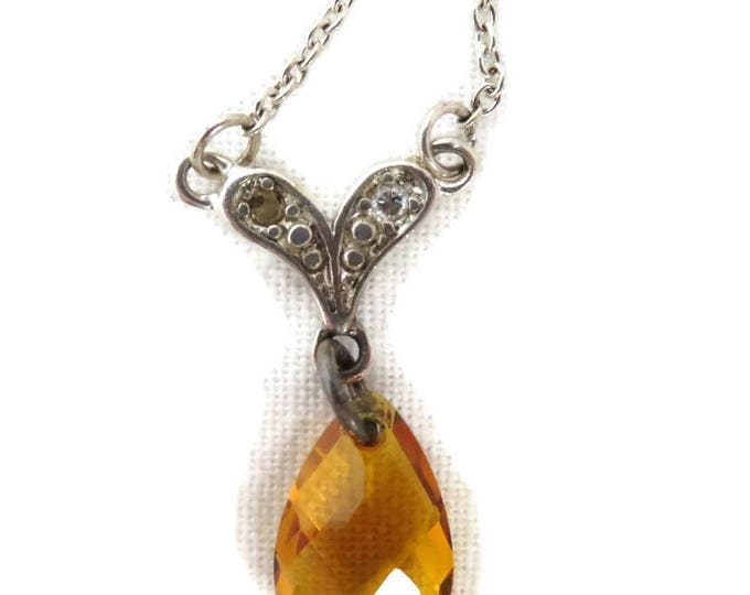 Vintage Citrine Pendant, Sterling Silver Necklace, Faceted Pear Shaped Citrine Sweetheart Necklace