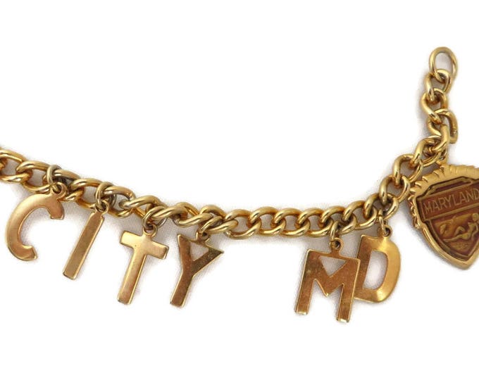 Ocean City Charm Bracelet, Maryland Souvenir Travel Gold Tone Charm Bracelet
