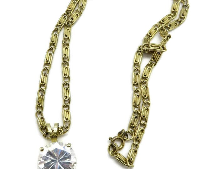 Rhinestone Pendant, Vintage Gold Tone S-Link Necklace, Round Crystal Pendant, Long Chain Necklace, Gift Idea, Gift Box