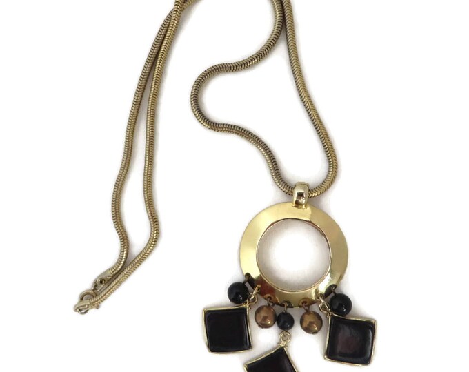 Faux Onyx Dangling Bead Necklace, Vintage Cobra Chain Pendant Necklace