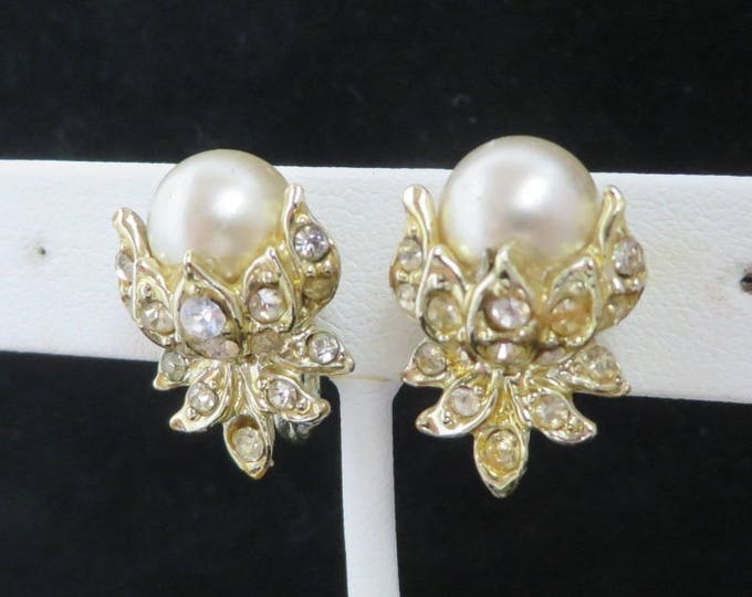 Pearl Earrings, Vintage Faux Pearl, Rhinestone Screw Back Earrings