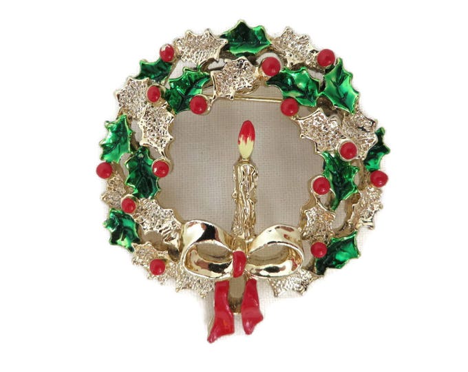 Gerrys Christmas Wreath Brooch, Vintage Gold Tone Candle Wreath Pin, Signed Designer Brooch, FREE SHIPPING