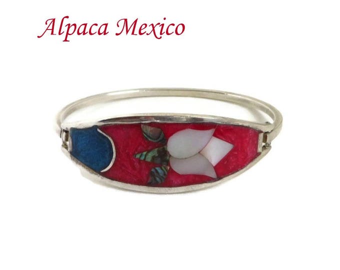 Vintage Alpaca Bracelet - Mexican Silver Hinged Flower Bracelet, Mother of Pearl Enameled Bangle