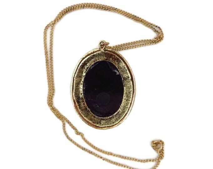 Vintage Cameo Necklace | Black Gray Glass Pendant | Gold Tone Chain Necklace | Flawed Cameo