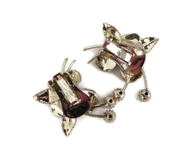 Gold Tone Flower Earrings | Vintage Pastel Rhinestone Clip-ons | Mid-Century Earrings