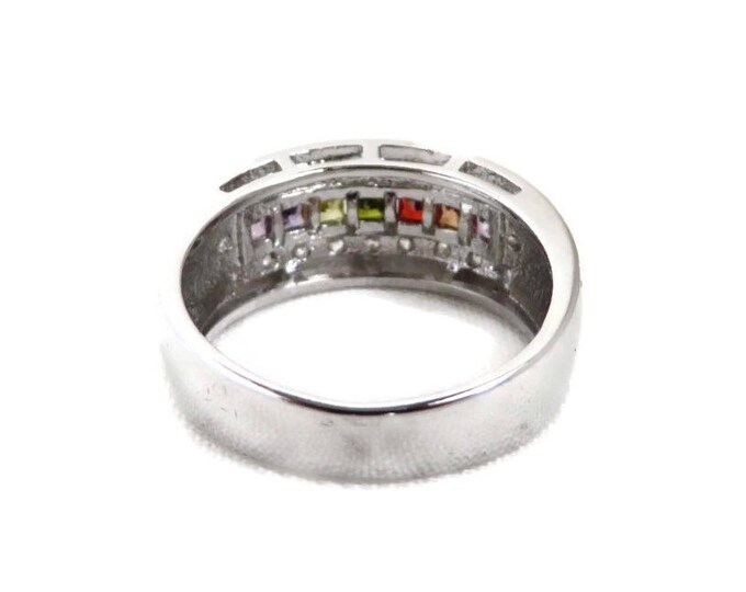 Sterling Silver CZ Ring | Vintage Multicolor Channel Set CZs | Wide Band Ring | Size 8