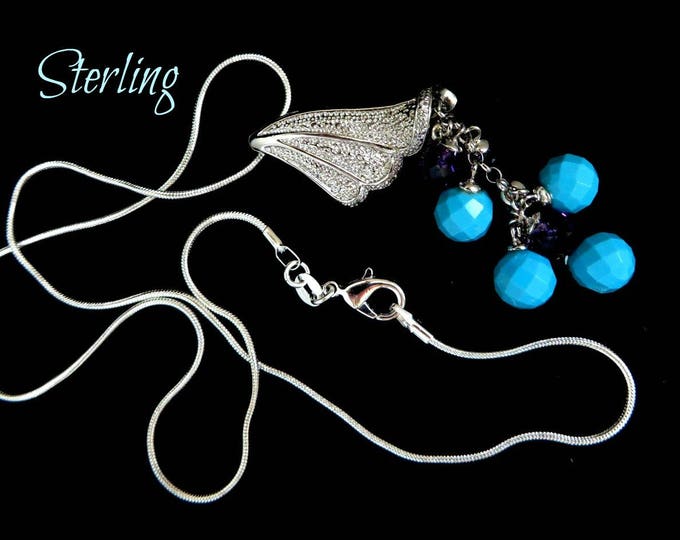 Sterling Silver Beaded Pendant, Vintage Fan Pendant, Sterling Silver Necklace, Dangling Bead Pendant