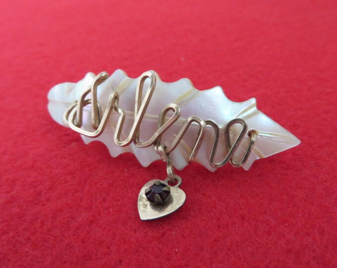 Mother of Pearl Name Brooch, Vintage Carved Shell Brooch, Gold Wire Script "Arlene", Dangling Heart Red Bead Brooch