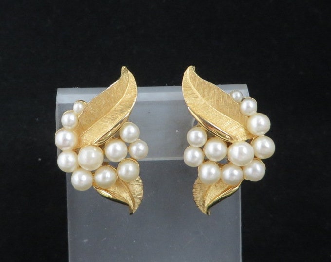 Signed Trifari Earrings, Faux Pearl, Vintage Matte Gold Leaf Cluster Clip on Earrings, Crown Trifari Jewelry, Night Out Jewellery