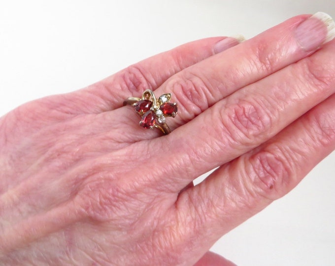 Faux Garnet Cocktail Ring, Vintage Gold Plated Sterling Silver Multi Stone Ring, Size 6.5