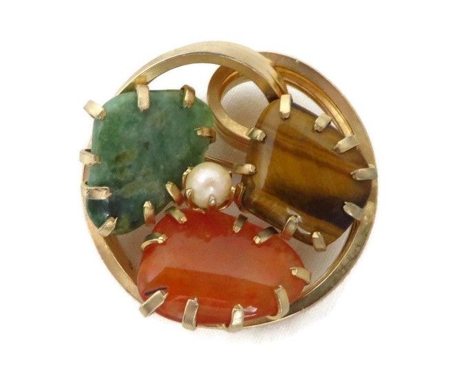 Vintage Faux Jade Brooch, Tiger Eye, Carnelian, Pearl Gold Tone Circle Pin, Estate Jewelry