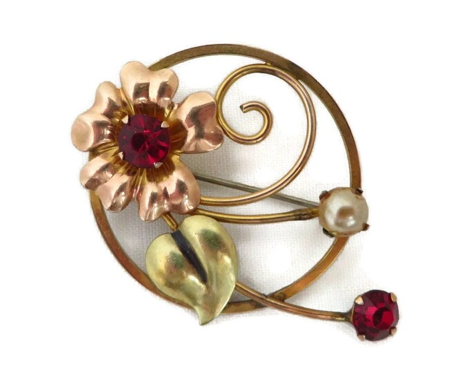 Circle Pin, Vintage Gold Filled Designer Brooch, BAL-RON 1/20 12K GF Circle Pin, Red Rhinestone Flower Brooch, Gift for Her