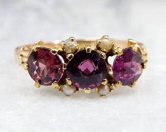 Antique Victorian 15ct Yellow Gold Purple Amethyst and Seed Pearl Ring / Size P 1/2