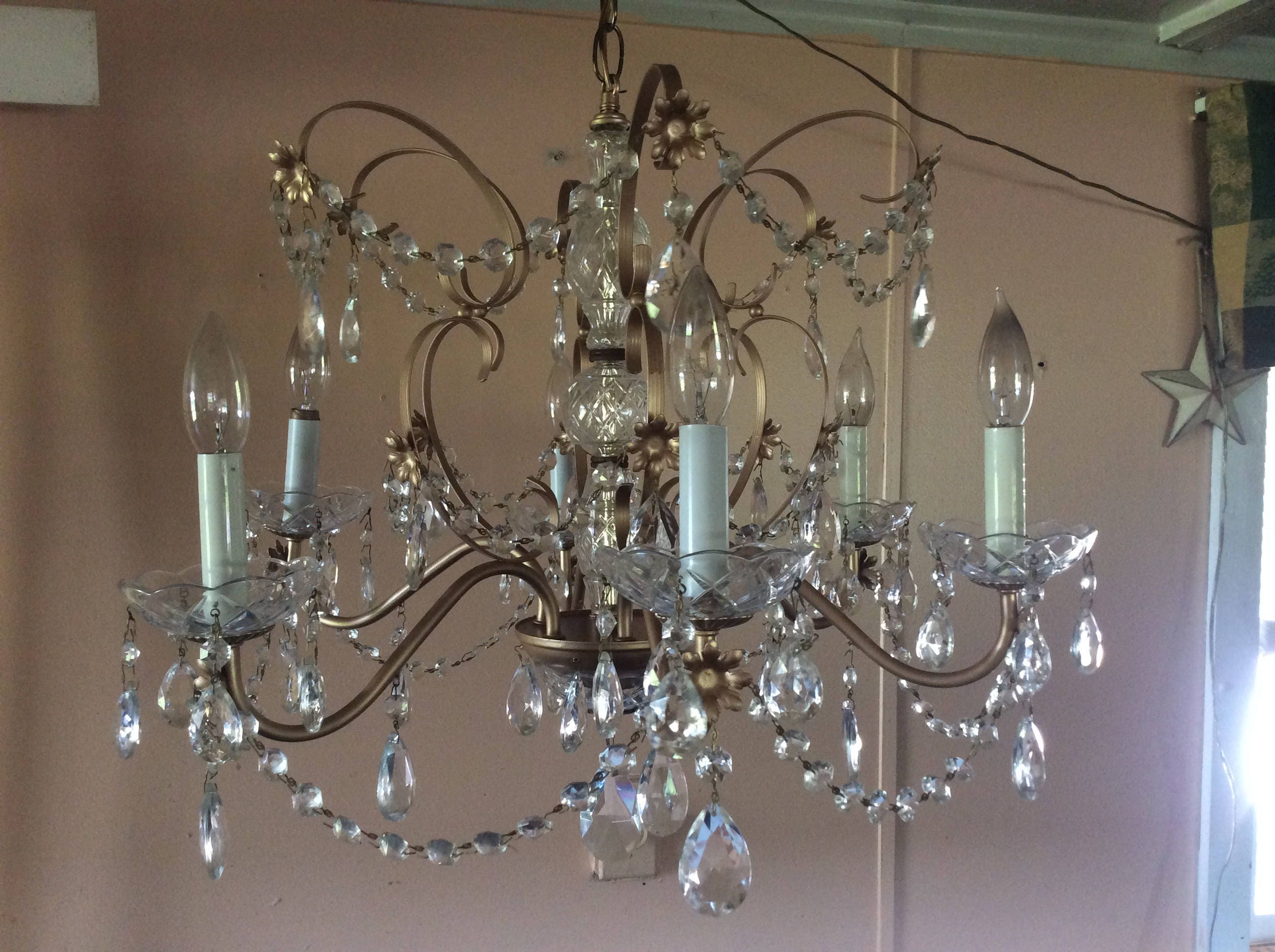 Vintage Large Crystal Chandelier French 6 Lights Crystal Prisms and