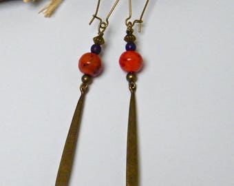 20% off PROMOTION - earrings red earrings, rustic, hanging, brass, glass, stone