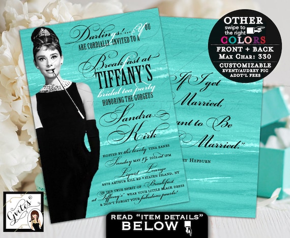 Breakfast at Tiffany's bridal shower invitation, bridal tea party, Audrey Hepburn quote invitations, turquoise textured, double sided 5x7. Il_570xn