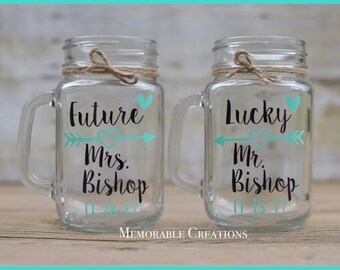 FAST SHIPPING-Personalized Rustic Arrow Future Mrs. & Lucky Mr. Wedding Glasses, Mason Jar Mugs for Engagement Soon-to-be Bride and Groom