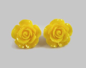 Yellow Rose Stud Earrings Flower Posts Christmas In July Sale