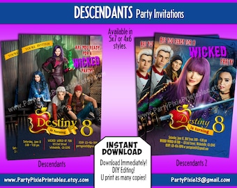 INSTANT DOWNLOAD Descendants Party Invitations - 5x7 or 4x6 DIY Personalizing and Printable Digital Files