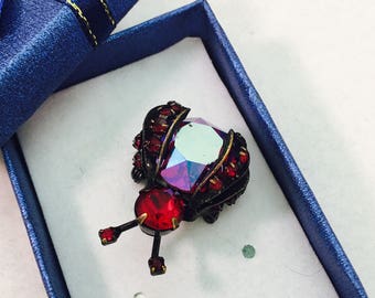 Vintage Signed Weiss Red Faux Gemstone Bug Brooch