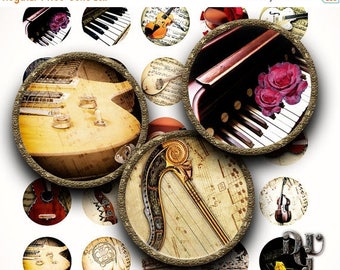 40% Musical Instruments Digital Collage Sheets - Cabochon - Bottle Cap 1 inch 1", 1.25", 1.5" 30, 20 mm round pendants C011