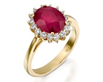 Diamond ring with Ruby-Engagement Ring -3 carat oval Ruby ring-Ruby engagement ring-Multistone ring-Ruby ring vintage-Promise Ring-Ann