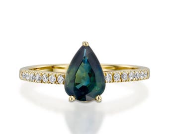 Green Sapphire Diamond Engagement Ring -Yellow Gold Ring-Sapphire Engagement Ring -Anniversary present-Promised ring-Green Sapphire ring