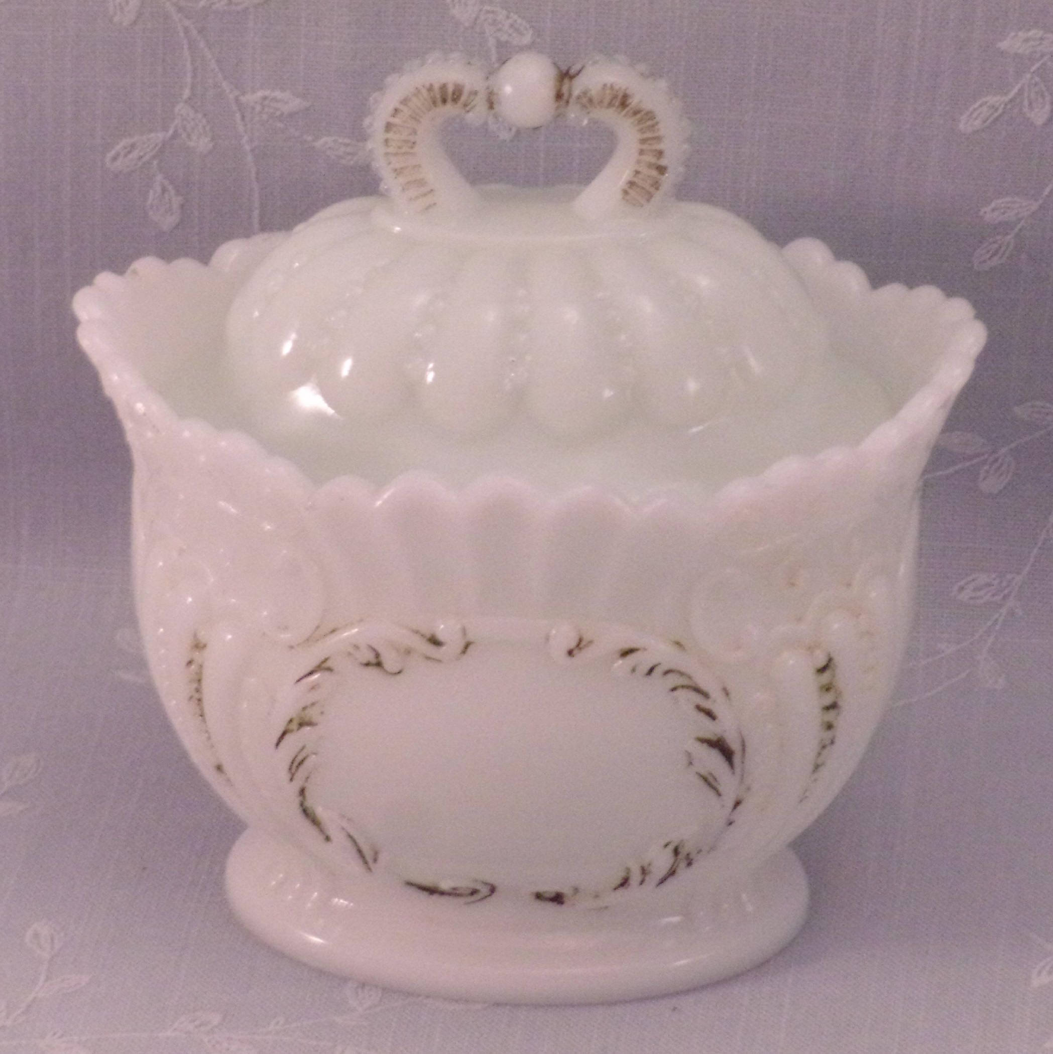 Antique Milk Glass Crown Covered Sugar Bowl w Scroll & Domed Lid. QLxb