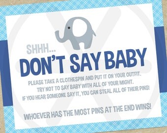 Dont Say Baby Game - Don't Say Baby Sign - Navy Blue Elephant Baby Shower Printable Games - Funny Baby Games - Boy Baby Shower Activities