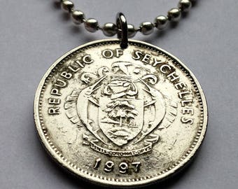 1997 Seychelles 1 Rupee coin pendant Seychellois white sailfish marlins shield conch shell coral beaches Victoria African necklace n002047