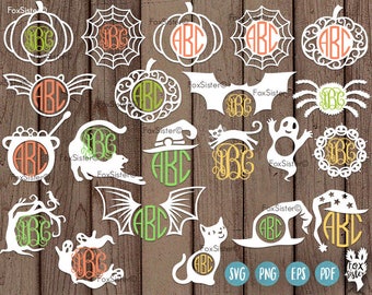 21 Halloween Monogram Frames SVG Bundle, cut files | Frame | Spider Web, Pumpkin, Cat, Caldron, Witch Hat Template | Spooky | Cricut Cameo