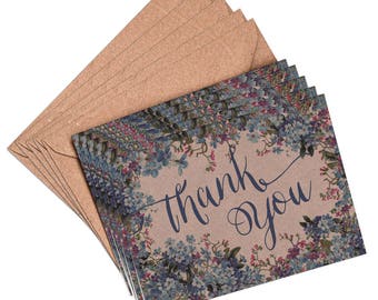Thank you cards, set 10, 5 or 1 floral thank you card, wedding card, blue floral, thank you card set, thank you notes, bridal shower, thanks