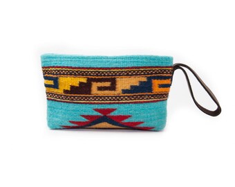 HUGE SALE!! Clutch/Wristlet clutch/Boho clutch/Handwoven/Wool/ Hand dyed/ Brown leather strap/Tribal/Native design/Turquoise/Orange/Red
