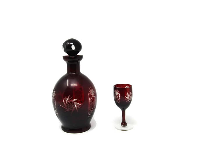 Antique Ruby Red Bohemian Glass Decanter / Art Nouveau Cut to Clear Fine Crystal / Czech Wine Spirits Boho Home Decor / Cordial Set Mom Teen