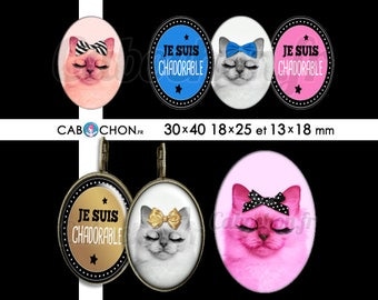 Chadorable • 45 Images Digitales OVALES 30x40 18x25 13x18 mm digital sheet chat cat cabochon cute bijoux noeud or doré mimi