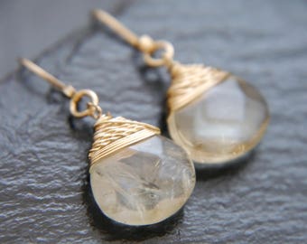Citrine Earrings, Teardrop Earrings, Gold Filled, Wire Wrapped, Gemstone Briolette, Wedding Earrings, Simple Gold Earrings, Delicate, Boho