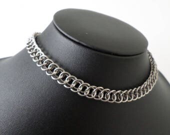 Solid Stainless Steel Half-Persian Chainmail Choker Necklace - Minimalist Discrete Metal Day Collar