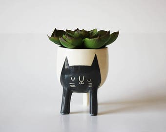 Small Three-legged Planter with Black Cat